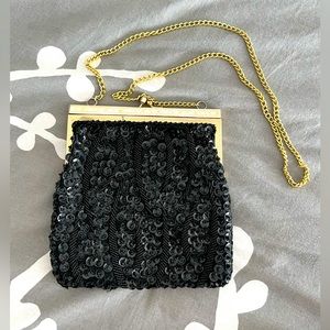 Vintage Black Purse, Sequined Beaded Handbag, Evening Bag, Wedding, Date Night